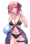  1girl :p ass_visible_through_thighs ball beachball bikini black_bikini black_ribbon blue_eyes blunt_bangs blush bob_cut breasts butterfly_hair_ornament cleavage closed_mouth clothes_pull collarbone commentary_request go-toubun_no_hanayome hair_ornament hair_ribbon highres holding holding_ball holding_beachball large_breasts looking_at_viewer nakano_nino navel o-ring pink_hair ribbon sidelocks simple_background solo standing stomach string_bikini swimsuit tongue tongue_out two_side_up uyufuzi_s white_background 