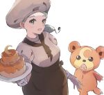  1girl anzu_(v0_0v_o0) apron ascot bear brown_apron brown_ascot brown_skirt chef_hat frilled_gloves frills gloves green_eyes green_hair hat highres katy_(pokemon) low_side_ponytail mole mole_on_cheek mole_under_eye pokemon pokemon_(creature) pokemon_sv puffy_short_sleeves puffy_sleeves short_sleeves skirt stuffed_animal stuffed_toy teddiursa teddy_bear waist_apron white_gloves 