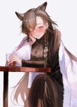  1girl absurdres alcohol animal_ears arknights arm_rest artist_name bell belt belt_buckle blurry blurry_background blush braid breasts brown_belt brown_corset brown_hair brown_skirt brown_sweater buckle colored_inner_hair commentary corset crossed_bangs crossed_legs cup depth_of_field donata_(donatasama) drink drinking_glass drunk earrings extra_ears eyelashes feet_out_of_frame from_side fur-trimmed_jacket fur-trimmed_sleeves fur-trimmed_sweater fur_trim glass grey_background grin hair_between_eyes hair_ornament hair_over_one_eye hair_tie hairclip half-closed_eye hand_on_own_cheek hand_on_own_face hand_up head_rest high_collar highres holding holding_cup holding_drink ice ice_cube jacket jewelry jingle_bell jingle_bell_earrings large_breasts leaning leaning_forward leaning_on_object light_brown_hair lips long_hair long_skirt long_sleeves looking_at_viewer low-tied_long_hair low_ponytail low_side_ponytail mature_female mole mole_above_eye multicolored_hair official_alternate_costume one_eye_closed open_clothes open_jacket parted_bangs parted_lips penance_(arknights) penance_(occasionally_flushed)_(arknights) ponytail red_wine ribbed_sweater round_table shadow side_ponytail signature simple_background single_braid single_earring single_off_shoulder sitting skirt smile solo straight_hair striped sweater symbol-only_commentary table teeth turtleneck turtleneck_sweater two-tone_hair underbust vertical-striped_sweater vertical_stripes very_long_hair white_jacket wine wolf_ears wolf_girl yellow_eyes 