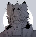  1boy absurdres animal_ears english_commentary eyepatch flinthy furry furry_male greyscale halftone_texture hatching_(texture) highres linear_hatching looking_at_viewer male_focus monochrome muzzle one_eye_covered signature upper_body von_lycaon wolf_boy wolf_ears zenless_zone_zero 