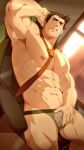  1boy abs ace_attorney bandaid bandaid_on_cheek bandaid_on_face bara black_hair bulge dick_gumshoe grey_male_underwear indoors large_pectorals looking_at_viewer lying male_focus male_underwear mazjojo muscular muscular_male navel necktie nipples on_back paid_reward_available pectorals phoenix_wright:_ace_attorney short_hair solo thick_thighs thighs underwear 