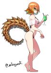  1girl absurdres artist_name bikini black_bikini blue_hair breasts champagne_flute closed_mouth colored_inner_hair cup drink drinking_glass full_body green_eyes halterneck hand_up highres holding holding_drink light_blush lizard_tail looking_at_viewer medium_breasts mikagura multicolored_hair orange_hair original pointy_ears reptile_girl short_hair simple_background solo standing swimsuit tail twitter_username walking white_background 