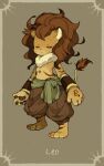  1boy animal_ears animal_hands brown_eyes brown_pants closed_eyes fur_trim furry furry_male highres leo_(symbol) leo_(zodiac) lion_ears maniani medium_hair messy_hair original pants puffy_pants solo tail waist_sash zodiac 