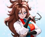  android_21 blue_dress brown_hair checkered_clothes dragon_ball dragon_ball_fighterz dress earrings glasses holding holding_removed_eyewear hoop_earrings jewelry lab_coat lipstick long_hair looking_at_viewer makeup pea-bean red_dress smile tagme unworn_eyewear 
