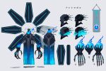  1other anthropos_(crymachina) black_coat blue_coat blue_fire coat concept_art crymachina disembodied_limb fire floating floating_object giant_hand gradient_coat grey_background highres robot rolua skull third-party_source translation_request 