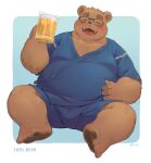 2023 absurd_res anthro bear belly big_belly blush bulge eyes_closed eyewear fur glasses hi_res humanoid_hands jinbei_(clothing) kemono male mammal moobs navel nipples overweight overweight_male seamonsterping simple_background sitting solo white_body white_fur
