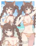  1girl animal_ear_fluff animal_ears beach bikini blush border braid breasts brown_eyes collar commission highres large_breasts light_blush long_hair looking_at_viewer multiple_views open_mouth orange_bikini original parted_lips red_collar seijyohu skeb_commission smile striped striped_bikini swimsuit thank_you tongue tongue_out twin_braids white_border 