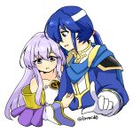 1boy 1girl blue_hair brother_and_sister circlet dress fire_emblem fire_emblem:_genealogy_of_the_holy_war gloves headband holding julia_(fire_emblem) long_hair open_mouth pointing ponytail purple_eyes purple_hair seliph_(fire_emblem) siblings simple_background white_gloves white_headband yukia_(firstaid0) 