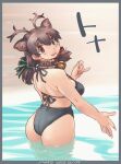  1girl animal_ears antlers ass bikini black_bikini breasts collar deer_ears extra_ears fur_trim green_eyes grey_hair heterochromia kemono_friends kemono_friends_3 large_breasts long_hair looking_at_viewer multicolored_hair nyororiso_(muyaa) open_mouth partially_submerged red_eyes reindeer_(kemono_friends) reindeer_antlers smile solo swimsuit twintails 