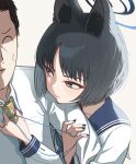  1boy 1girl animal_ear_fluff animal_ears arm_hug black_hair black_nails blue_archive blue_halo blue_sailor_collar brown_eyes closed_mouth collared_shirt commentary_request halo highres kikyou_(blue_archive) long_sleeves looking_at_another looking_at_viewer necktie sailor_collar school_uniform sensei_(blue_archive) serafuku shirt short_hair simple_background udon_f upper_body white_background white_shirt yellow_necktie 