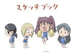  asou_natsumi black_hair blonde_hair blue_hair cheerleader chibi closed_eyes jumping kajiwara_sora kuga_kokage long_hair mirakichi multiple_girls panties pantyshot ponytail purple_hair short_hair sketchbook_full_colors smile torikai_hazuki twintails underwear 