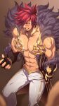  1boy abs animal_ears bara black_gloves black_jacket clenched_teeth fingerless_gloves fur-trimmed_jacket fur_trim gloves highres jacket large_pectorals league_of_legends male_focus mazjojo muscular muscular_male navel open_clothes open_jacket paid_reward_available pants pectorals red_hair scar scar_on_face scar_on_nose sett_(league_of_legends) short_hair sleeveless sleeveless_jacket solo teeth white_pants 