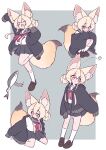  1girl :3 absurdres animal_ear_fluff animal_ears black_jacket blonde_hair closed_mouth collared_shirt commentary_request double_bun fish fox_ears fox_girl fox_tail hair_between_eyes hair_bun highres hood hooded_jacket jacket japanese_clothes large_ears long_sleeves medium_hair megateru open_clothes open_jacket open_mouth original pleated_skirt sailor_collar school_uniform serafuku shirt simple_background skirt sleeves_past_fingers sleeves_past_wrists smile socks squatting tail x_x 