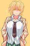  1girl absurdres blonde_hair braid breasts highres jacket large_breasts necktie orange_background original oteruko_(wanabeee) pleated_skirt school_uniform shaded_face shirt simple_background skirt solo yellow_background 