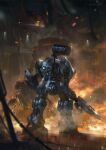  armored_core armored_core_6 artist_name embers fire from_behind full_body gun highres holding holding_gun holding_weapon indoors loader_4 mecha mecha_focus miso_katsu missile_pod no_humans rifle robot science_fiction standing weapon 