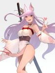  1girl :d absurdres animal_ears bare_shoulders blush bow breasts cowboy_shot detached_sleeves fox_ears fox_girl heart highres indie_virtual_youtuber japanese_clothes kamishiro_natsume katana kitsune long_hair looking_at_viewer medium_breasts ootachi open_mouth purple_hair red_bow red_eyes sheath sheathed simple_background smile solo sword sword_behind_back virtual_youtuber weapon weapon_on_back white_background wide_sleeves yuuhi_(yuuvi83) 