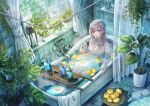  1girl bare_shoulders barefoot bath bath_stool bathing bathroom bathtub blue_eyes bra breasts cleavage comb commentary completely_nude english_commentary food food_in_mouth fruit grey_hair highres indoors large_breasts leaf lemon lemon_slice long_hair looking_at_viewer nude original parted_bangs plant popsicle_in_mouth potted_plant sakura_(39ra) see-through shampoo_bottle solo stool tile_floor tile_wall tiles underwear unworn_bra water white_bra white_towel window 