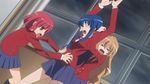  &gt;_&lt; aisaka_taiga animated animated_gif blue_hair brown_hair closed_eyes kawashima_ami kushieda_minori long_hair lowres multiple_girls oohashi_high_school_uniform open_mouth red_hair school_uniform screencap short_hair skirt stretch tickling toradora! 