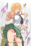  !? 1girl absurdres blonde_hair blush bouncing_breasts breasts censored emphasis_lines green_skirt heart heart_censor highres motion_lines necktie no_panties original oteruko_(wanabeee) panties school_uniform short_hair skirt solo speed_lines spoken_interrobang underwear 