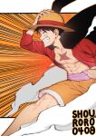 1boy artist_name black_cape black_hair cape clenched_teeth collared_cape grin hand_on_headwear hat highres looking_to_the_side male_focus monkey_d._luffy one_piece open_clothes open_shirt red_shirt red_shorts scar scar_on_face shirt shorts shouroro smile solo straw_hat teeth toned toned_male 