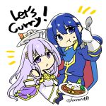  1boy 1girl blue_cape blue_hair brother_and_sister cape circlet curry dress eating feh_(fire_emblem_heroes) fire_emblem fire_emblem:_genealogy_of_the_holy_war food headband holding holding_plate holding_spoon julia_(fire_emblem) long_hair plate purple_hair seliph_(fire_emblem) siblings simple_background spoon white_headband yukia_(firstaid0) 