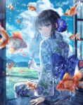  1girl arm_support black_hair blue_eyes blue_flower blue_kimono blue_sky blurry cloud cloudy_sky commentary_request depth_of_field fish floral_print_kimono flower from_behind hair_bun hair_flower hair_ornament hand_fan hand_up highres holding holding_fan japanese_clothes kimono koi long_sleeves looking_at_viewer looking_back obi obiage obijime original paper_fan parted_lips sakura_(39ra) sash sidelocks single_hair_bun sitting sky smile solo tatami uchiwa water_drop 