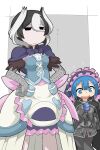  1boy 1girl armor black_armor black_cape black_coat black_gloves blue_eyes blue_hair blue_shirt blush border cape coat cosplay dress gloves grey_background grey_pants grey_shirt hair_between_eyes hands_on_own_hips hands_up highres long_sleeves made_in_abyss maid maid_headdress maruruk maruruk_(cosplay) open_mouth ozen ozen_(cosplay) pants pocket shirt short_hair smile whistle whistle_around_neck white_background white_border white_dress ximu_shilang 