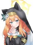  1girl absurdres animal_ears blue_archive blue_eyes blush cat_ears commentary_request flower habit hair_between_eyes hair_flower hair_ornament highres k63sss long_hair looking_at_viewer mari_(blue_archive) medium_hair nun orange_hair portrait smile solo white_background 