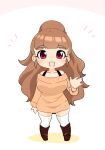  binkyrex2 blunt_bangs bra_strap brown_hair dress hair_bun idolmaster idolmaster_cinderella_girls kamiya_nao orange_sweater red_eyes sweater sweater_dress thick_eyebrows thighhighs waving white_thighhighs 