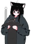 1girl ahoge animal animal_ear_fluff animal_ears black_cat black_eyes black_hair blunt_bangs blush blush_stickers cat cat_ears cat_girl commentary_request dot_mouth dot_nose grey_hoodie highres holding holding_animal holding_cat hood hoodie longcat_(meme) looking_down megateru meme messy_hair nose_blush original oversized_clothes partial_commentary paw_print solo upper_body white_background 