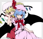  2girls ascot bat_wings blonde_hair blue_hair border bow bowtie breasts brooch center_frills closed_mouth collared_shirt crystal fangs fangs_out flandre_scarlet frilled_skirt frills grey_border hand_on_another&#039;s_face hat hat_ribbon jewelry kiyoichi_(acacia_soukyoukai) looking_at_another medium_hair mob_cap multicolored_wings multiple_girls one_side_up pink_headwear pink_shirt pink_skirt puffy_short_sleeves puffy_sleeves red_bow red_bowtie red_brooch red_eyes red_ribbon red_skirt red_vest remilia_scarlet ribbon ribbon-trimmed_headwear ribbon_trim shirt short_sleeves siblings simple_background sisters skirt skirt_set small_breasts touhou vest white_background white_headwear white_shirt wings yellow_ascot 