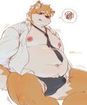 2023 anthro belly big_belly blush bulge canid canine canis clothed clothing domestic_dog hi_res kemono male mammal moobs navel necktie nipples open_clothing open_shirt open_topwear overweight overweight_male shirt simple_background sitting solo topwear underwear white_background xiyuecheng