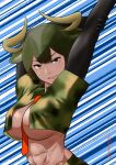  1girl abs absurdres aburaeoyaji animal_ears arms_up aurochs_(kemono_friends) between_breasts black_thighhighs breasts brown_eyes brown_hair camouflage camouflage_shirt closed_mouth cow_ears cow_horns cropped_shirt dark-skinned_female dark_skin double-parted_bangs elbow_gloves eyelashes gloves green_hair hand_on_own_arm highres horns kemono_friends large_breasts lips looking_at_viewer medium_hair midriff multicolored_hair navel necktie necktie_between_breasts no_bra outstretched_arm print_shirt red_necktie shirt short_sleeves solo speed_lines stomach thighhighs toned upper_body v-shaped_eyebrows yellow_horns 