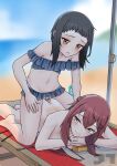  1boy 1girl absurdres artist_name beach beach_towel black_hair blue_one-piece_swimsuit blurry blurry_background braid breasts chastity_cage clothed_male_nude_female crossdressing femdom flat_chastity_cage french_braid hair_ornament hairclip highres jtleeklm long_hair looking_at_another looking_down lying medium_breasts nude on_stomach one-piece_swimsuit orange_eyes original otoko_no_ko red_hair sweatdrop swimsuit towel yellow_eyes 
