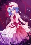  :d anna_(small_night) ascot blush dress hat juliet_sleeves long_sleeves looking_at_viewer mob_cap open_mouth puffy_sleeves red_eyes remilia_scarlet short_hair silver_hair smile solo tareme touhou white_dress 