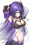  1girl absurdres acheron_(honkai:_star_rail) armpits arms_up black_choker black_shorts breasts choker coat commentary_request hair_ornament highres honkai:_star_rail honkai_(series) long_hair looking_at_viewer navel purple_eyes purple_hair royboy short_shorts shorts single_bare_shoulder solo stomach upper_body very_long_hair white_background 