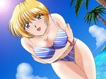  akazaki_yasuma beach bikini blonde_hair blush bracelet breast_hold breasts cleavage day dutch_angle game_cg happy jewelry jpeg_artifacts large_breasts leaning_forward matsuno_yuki midriff navel non-web_source open_mouth outdoors palm_tree short_hair smile solo striped striped_bikini swimsuit tokimeki_check_in tree water yellow_eyes 