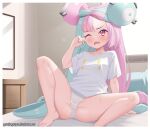  1girl arm_support barefoot blush border bow-shaped_hair cameltoe character_hair_ornament collarbone commentary fanbox_username gazing_eye green_hair hair_ornament hand_up highres indoors iono_(pokemon) knees legs long_hair multicolored_hair on_bed one_eye_closed panties pink_hair pokemon pokemon_sv raised_eyebrow rubbing_eyes sharp_teeth short_sleeves sitting sleepy solo spread_legs sweat teeth toes two-tone_hair underwear watermark web_address white_border white_panties 