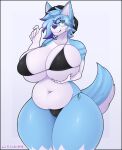  2023 belly big_breasts bikini breasts canid canine clothing colored digital_media_(artwork) female hi_res huge_breasts looking_at_viewer lykan284 mammal multicolored_body shaded simple_background slightly_chubby smile solo swimwear tail thick_thighs white_background wide_hips 