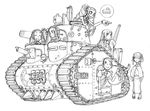 animal_ears artist_request caterpillar_tracks copyright_request drill_hair greyscale ground_vehicle headphones japanese_clothes long_hair maid military military_vehicle monochrome motor_vehicle multiple_girls non-web_source source_request tank 