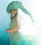  aqua_hair bad_id bad_pixiv_id bangs closed_mouth dress drill_hair expressionless flat_chest galaxy_angel gradient gradient_background hair_between_eyes hands_together long_hair looking_at_viewer looking_back nyama own_hands_together profile red_eyes sidelocks solo standing sundress vanilla_h 