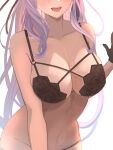  1girl bare_shoulders black_bra black_gloves blush bra breasts cleavage collarbone gloves head_out_of_frame highres indie_virtual_youtuber kamishiro_natsume large_breasts long_hair open_mouth purple_hair smile solo standing teeth underwear underwear_only upper_teeth_only virtual_youtuber white_background yuuhi_(yuuvi83) 