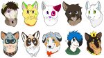 2013 aliasing ambiguous_form ambiguous_gender american_opossum angry australian_shepherd black_body black_fur black_highlights black_nose blue_eyes blue_hair blue_inner_ear blue_nose bluekyokitty bow_tie brown_body brown_eyes brown_fur brown_hair brown_inner_ear brown_kerchief brown_neckerchief button_ears canid canine canis clothed clothing collar crown digital_drawing_(artwork) digital_media_(artwork) domestic_cat domestic_dog eyebrows eyelashes facial_piercing facial_scar fangs felid feline felis flat_colors floppy_ears freckles fur green_clothing green_ears green_eyes green_inner_ear green_markings green_nose green_topwear grey_body grey_bow_tie grey_eyes grey_fur grey_inner_ear group hair hair_over_eye head_tuft headgear headshot_portrait herding_dog highlights_(coloring) humanoid humanoid_pointy_ears jewelry kerchief lip_piercing looking_at_viewer mammal markings marsupial missing_ear neck_bow neckerchief necklace one_eye_obstructed orange_collar pastoral_dog pattern_kerchief pattern_neckerchief piercing pink_inner_ear pink_nose plaid_kerchief plaid_neckerchief portrait purple_eyes purple_nose red_bow red_ears red_inner_ear red_markings ringed_eyes scar sebdoggo sheepdog shiba_inu simple_background smile snout snout_scar spitz tan_body tan_fur teeth topwear tuft underbite whiskers white_background white_body white_fur white_skin yellow_body yellow_eyes yellow_fur