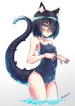  1girl animal_ear_fluff animal_ears black_hair black_one-piece_swimsuit blue_hair cameltoe cat_ears closed_mouth cowboy_shot gradient_background gradient_hair grey_background hair_over_one_eye hands_up highres lizard_tail looking_at_viewer mikagura multicolored_hair one-piece_swimsuit original red_eyes short_hair solo standing swimsuit tail wading water white_background 