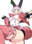  1girl animal_ears aqua_eyes black_gloves blue_eyes boots bracelet breasts clover collar dress elphelt_valentine four-leaf_clover frilled_dress frills full_body gloves guilty_gear guilty_gear_strive hairband highres jacket jewelry large_breasts long_sleeves octavius_(octavius_dp) open_mouth pink_footwear pink_jacket short_hair sideboob smile spiked_bracelet spiked_collar spiked_hairband spikes standing standing_on_one_leg thigh_boots white_dress white_hair 