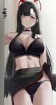  1girl absurdres bare_shoulders black_bra black_gloves black_hair black_panties black_skirt black_wings blue_archive blue_eyes blush bra breasts choker cleavage collarbone feathered_wings gloves hair_ornament hairclip halo highres ichika_(blue_archive) large_breasts long_hair navel one_eye_closed panties skirt solo thighs underwear wings yamikyon 