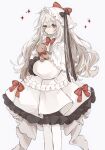  1girl black_ribbon bow bowtie dress expressionless highres hugging_doll hugging_object long_hair looking_at_viewer original red_bow red_bowtie red_eyes ribbon sleeves_past_wrists solo sparkle standing white_background white_dress white_hair yuni_0205 