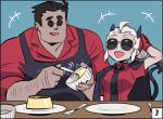  1boy 1girl black_jacket fingerless_gloves food gloves green_background helltaker helltaker_(character) holding holding_spoon jacket justice_(helltaker) muscular muscular_male noah_(tettsui-sole) plate pudding red_gloves red_shirt shirt short_hair spoon sunglasses 