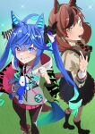  2girls absurdres ahoge animal_ears blue_eyes blue_hair boots bow brown_footwear buttons clenched_hand double-breasted dress ear_covers gradient_hair green_bow grin heterochromia highres hood hood_down hoodie horse_ears horse_girl horse_tail jitome_no_tsugumi long_hair looking_at_viewer multicolored_clothes multicolored_hair multicolored_hoodie multiple_girls nice_nature_(umamusume) open_mouth pinafore_dress pleated_skirt purple_eyes red_bow red_hair sharp_teeth skirt sleeveless sleeveless_dress smile streaked_hair striped striped_bow stuffed_animal stuffed_toy tail tail_through_clothes teeth twin_turbo_(umamusume) twintails umamusume upper_teeth_only very_long_hair waving 
