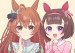  2girls absurdres ahoge animal_ears aqua_bow blue_shirt bob_cut bow braided_sidelock brown_eyes brown_hair clenched_hands commentary_request ear_bow ear_covers ear_ornament hair_ornament highres horse_ears horse_girl long_sleeves looking_at_viewer mejiro_bright_(umamusume) multiple_girls nankanashi nishino_flower_(umamusume) open_mouth pink_shirt purple_eyes shirt simple_background smile umamusume upper_body white_background x_hair_ornament 